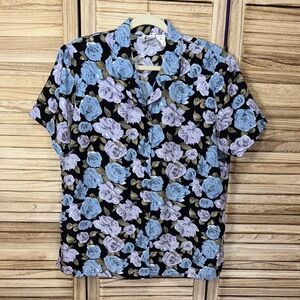 Anna Short Sleeve Button Up Blouse Black Blue Purple Shoulder Pads Size XL